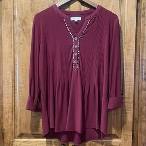 New Directions Womens Solid Maroon 3/4 Sleeves V-Neck Top Size Large Leopard‎